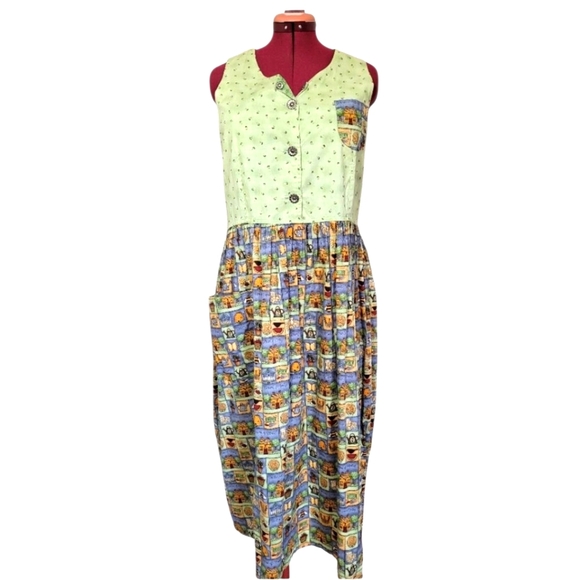 LG 100% Vintage Cotton Dress Teacher Garden Vibrant Patchwork Print Maxi Modest - Picture 3 of 14